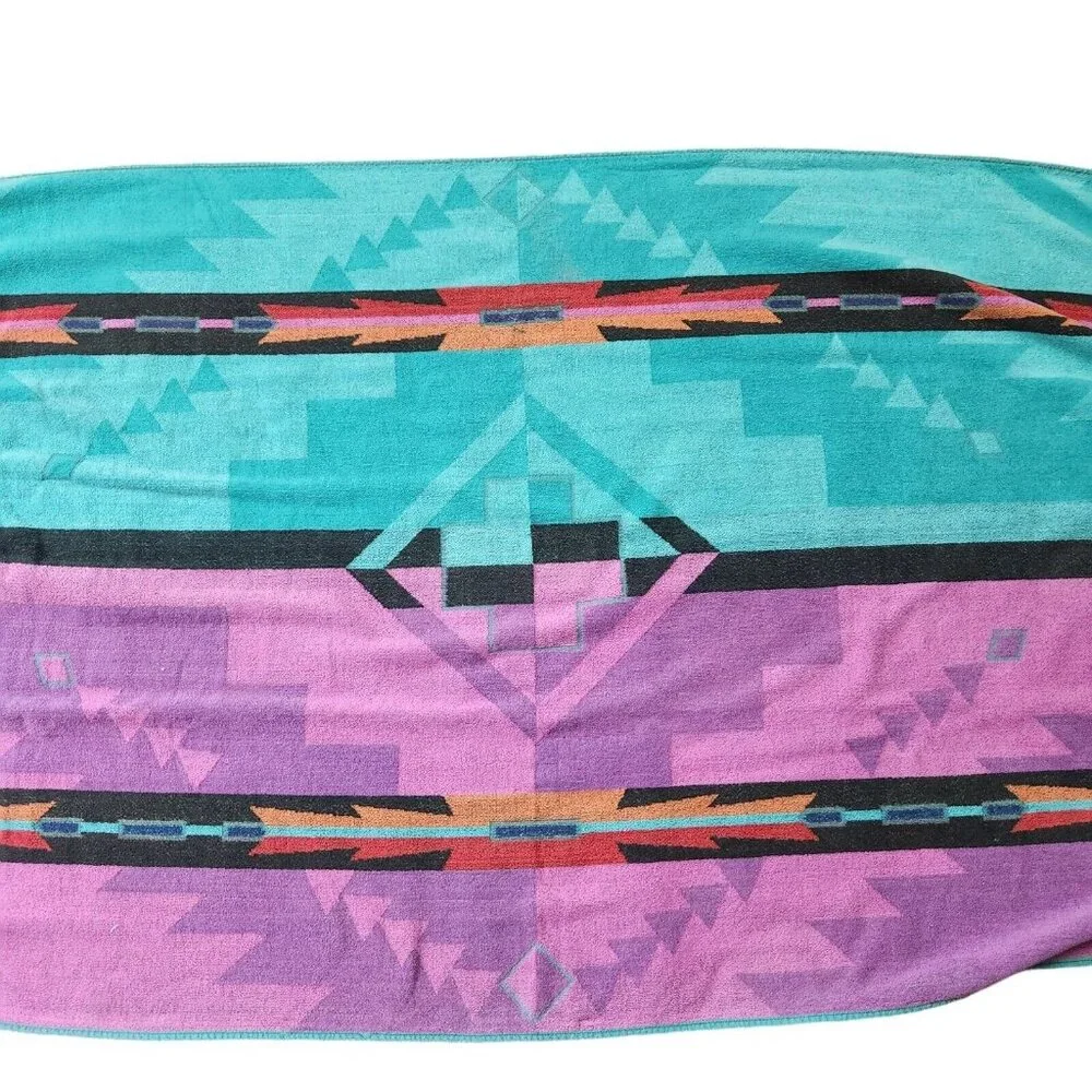 Vintage 80’s Royal Terry Beach Bath Towel Southwest Tribal Turquoise Teal